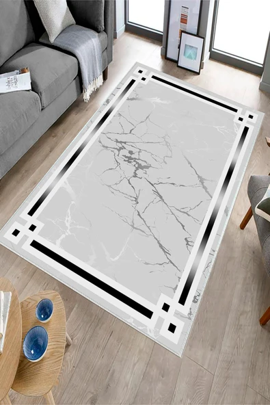 Makinede Yıkanabilir Leke Tutmaz  Gri Dot Keçe Kaymaz Taban Çerçeve Salon Saçaksız Halı B1213  GRİ 120 x 180 - Resim 3