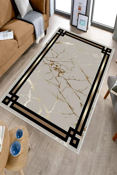 Makinede Yıkanabilir Leke Tutmaz  Gold Dot Keçe Kaymaz Taban Çerçeve Salon Saçaksız Halı B1212  GOLD 160 x 230 - Resim 3