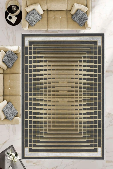 Makinede Yıkanabilir Leke Tutmaz  Gold-Siyah Dot Keçe Kaymaz Taban Çerçeve Salon Saçaksız Halı B1174  GOLD-SİYAH 180 x 280