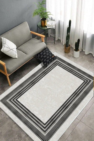 Makinede Yıkanabilir Leke Tutmaz  Krem-Antrasit Dot Keçe Kaymaz Taban Çerçeve Salon Saçaksız Halı B1170  160 x 230 KREM-ANTRASİT - Resim 4