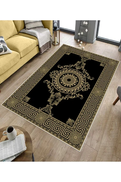 Makinede Yıkanabilir Leke Tutmaz  Gold Dot Keçe Kaymaz Taban Göbekli Salon Saçaksız Halı B1192  80 x 200 GOLD - 5