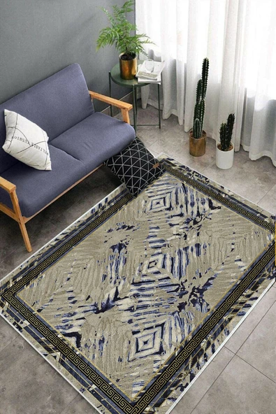 Makinede Yıkanabilir Leke Tutmaz  Lacivert Dot Keçe Kaymaz Taban Modern Salon Saçaksız Halı B1208  LACİVERT 160 x 230 - Resim 4