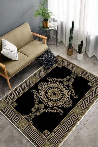 Makinede Yıkanabilir Leke Tutmaz  Gold Dot Keçe Kaymaz Taban Göbekli Salon Saçaksız Halı B1192  160 x 230 GOLD - Resim 4