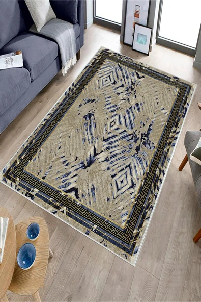 Makinede Yıkanabilir Leke Tutmaz  Lacivert Dot Keçe Kaymaz Taban Modern Salon Saçaksız Halı B1208  LACİVERT 160 x 230 - Resim 3