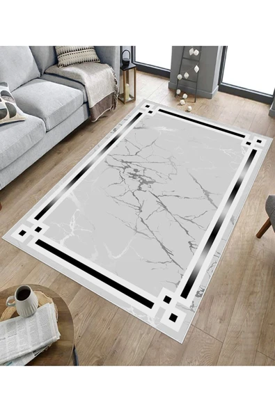 Makinede Yıkanabilir Leke Tutmaz  Gri Dot Keçe Kaymaz Taban Çerçeve Salon Saçaksız Halı B1213  GRİ 120 x 180 - Resim 5
