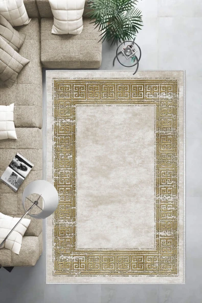 Makinede Yıkanabilir Leke Tutmaz  Bej Dot Keçe Kaymaz Taban Çerçeve Salon Saçaksız Halı B1250  BEJ 160 x 230 - Resim 6