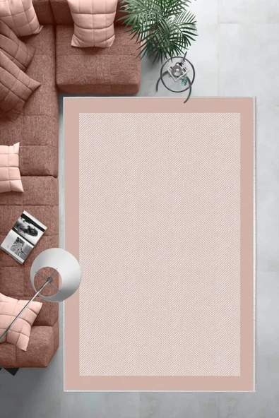 Makinede Yıkanabilir Leke Tutmaz  Pudra Dot Deri Kaymaz Taban Modern Salon Saçaksız Halı B1254  PUDRA 120 x 180 - Resim 5