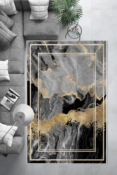 Makinede Yıkanabilir Leke Tutmaz  Siyah-Gri Dot Keçe Kaymaz Taban Modern Salon Saçaksız Halı B1248  GRİ 100 x 300 - Resim 6