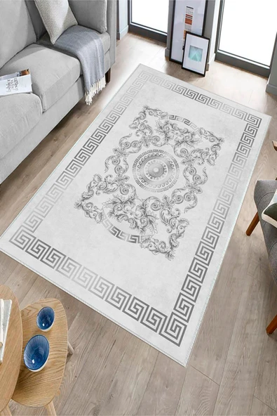 Makinede Yıkanabilir Leke Tutmaz  Gri Dot Keçe Kaymaz Taban Göbekli Salon Saçaksız Halı B1237  KREM-GOLD 120 x 180 - 3