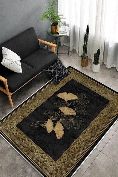 Makinede Yıkanabilir Leke Tutmaz  Siyah-Gold Dot Keçe Kaymaz Taban Modern Salon Saçaksız Halı B1235  LACİVERT-GRİ 180 x 280 - 4