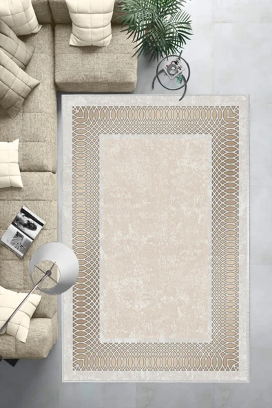 Makinede Yıkanabilir Leke Tutmaz  Krem Dot Keçe Kaymaz Taban Çerçeve Salon Saçaksız Halı B1224  GÜMÜŞ 180 x 280