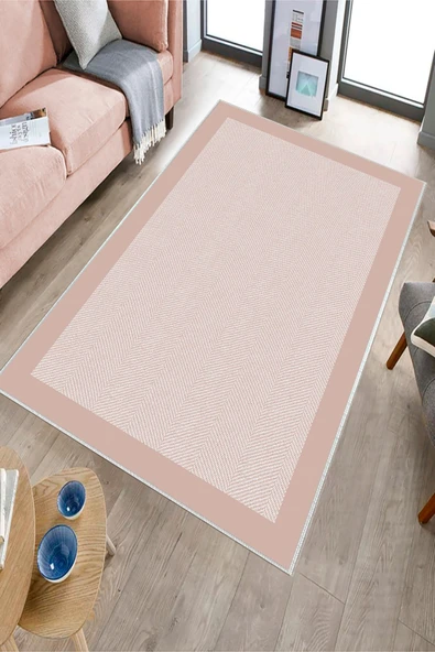 Makinede Yıkanabilir Leke Tutmaz  Pudra Dot Deri Kaymaz Taban Modern Salon Saçaksız Halı B1254  PUDRA 100 x 300 - Resim 2
