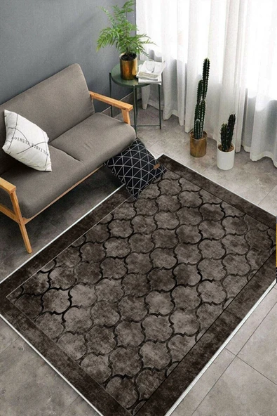 Makinede Yıkanabilir Leke Tutmaz  Kahverengi Dot Keçe Kaymaz Taban Prizma Salon Saçaksız Halı B1220  SİYAH 80 x 200 - Resim 4