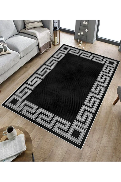 Makinede Yıkanabilir Leke Tutmaz  Siyah-Gümüş Dot Keçe Kaymaz Taban Versace Salon Saçaksız Halı B1240  VİZON-GOLD 160 x 230 - 5