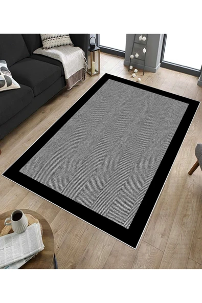 Makinede Yıkanabilir Leke Tutmaz  Siyah Dot Keçe Kaymaz Taban Modern Salon Saçaksız Halı B1255  SİYAH 80 x 200 - Resim 5