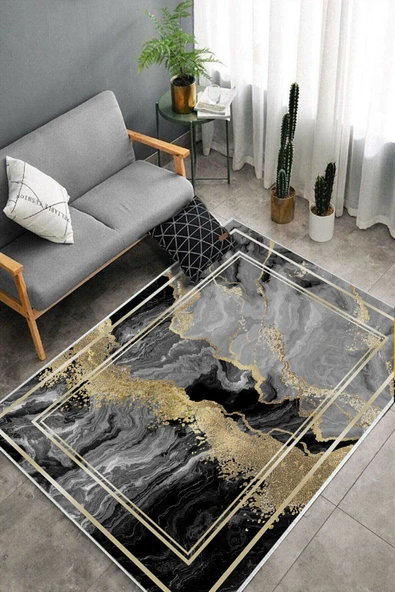 Makinede Yıkanabilir Leke Tutmaz  Siyah-Gri Dot Keçe Kaymaz Taban Modern Salon Saçaksız Halı B1248  GRİ 100 x 300 - Resim 4