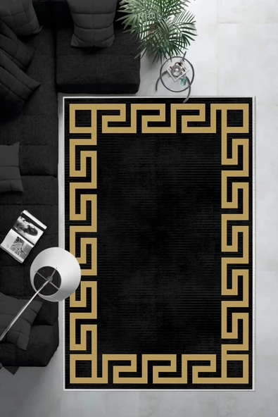 Makinede Yıkanabilir Leke Tutmaz  Siyah-Gold Dot Keçe Kaymaz Taban Versace Salon Saçaksız Halı B1240-1  GÜMÜŞ-SİYAH 80 x 200 - 6