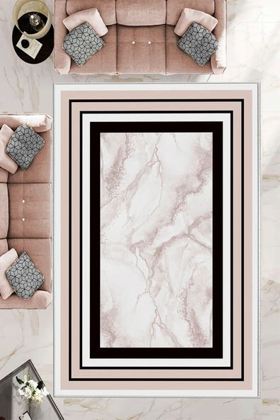 Makinede Yıkanabilir Leke Tutmaz  Pudra Dot Keçe Kaymaz Taban Çerçeve Salon Saçaksız Halı B1259  PUDRA 80 x 150