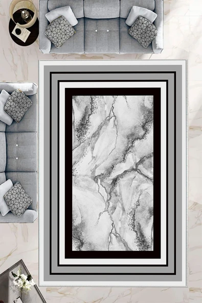 Makinede Yıkanabilir Leke Tutmaz  Gri Dot Keçe Kaymaz Taban Çerçeve Salon Saçaksız Halı B1261  GRİ 80 x 300