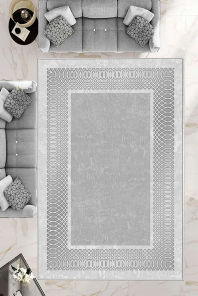 Makinede Yıkanabilir Leke Tutmaz  Gümüş Deko Deri Kaymaz Taban Çerçeve Salon Saçaksız Halı B1223  SİYAH-ANTRASİT 160 x 230