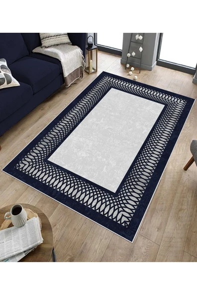 Makinede Yıkanabilir Leke Tutmaz  Gri-Lacivert Dot Keçe Kaymaz Taban Çerçeve Salon Saçaksız Halı B1226  GRİ-GOLD 200 x 300 - 5