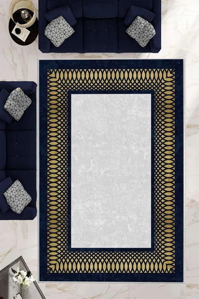 Makinede Yıkanabilir Leke Tutmaz  Gold-Lacivert Dot Keçe Kaymaz Taban Çerçeve Salon Saçaksız Halı B1227  GÜMÜŞ-LACİVERT 160 x 230