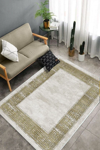 Makinede Yıkanabilir Leke Tutmaz  Bej Dot Keçe Kaymaz Taban Çerçeve Salon Saçaksız Halı B1250  BEJ 160 x 230 - Resim 4