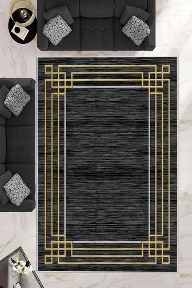 Makinede Yıkanabilir Leke Tutmaz  Siyah-Sarı Dot Keçe Kaymaz Taban Çerçeve Salon Saçaksız Halı B1243  SİYAH-SARI 160 x 230