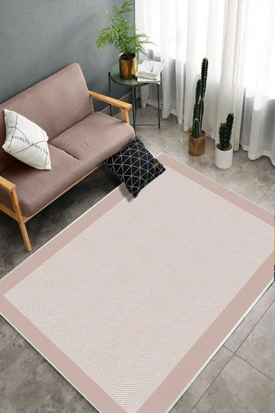 Makinede Yıkanabilir Leke Tutmaz  Pudra Dot Deri Kaymaz Taban Modern Salon Saçaksız Halı B1254  PUDRA 120 x 180 - Resim 3