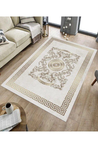 Makinede Yıkanabilir Leke Tutmaz  Krem-Gold Dot Keçe Kaymaz Taban Göbekli Salon Saçaksız Halı B1236  SİYAH 80 x 200 - 5