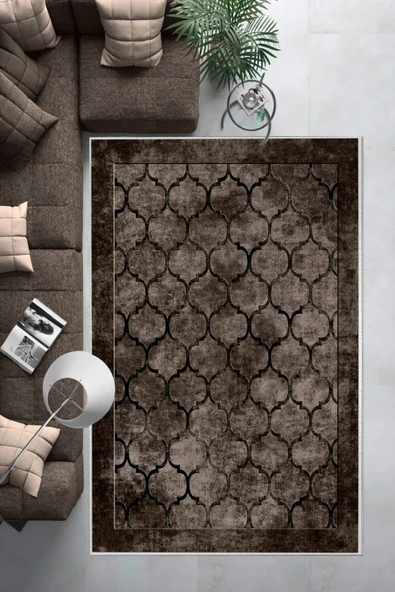 Makinede Yıkanabilir Leke Tutmaz  Kahverengi Dot Keçe Kaymaz Taban Prizma Salon Saçaksız Halı B1220  SİYAH 80 x 200 - Resim 6