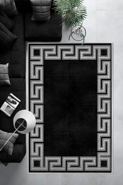 Makinede Yıkanabilir Leke Tutmaz  Siyah-Gümüş Dot Keçe Kaymaz Taban Versace Salon Saçaksız Halı B1240  VİZON-GOLD 100 x 300 - Resim 6