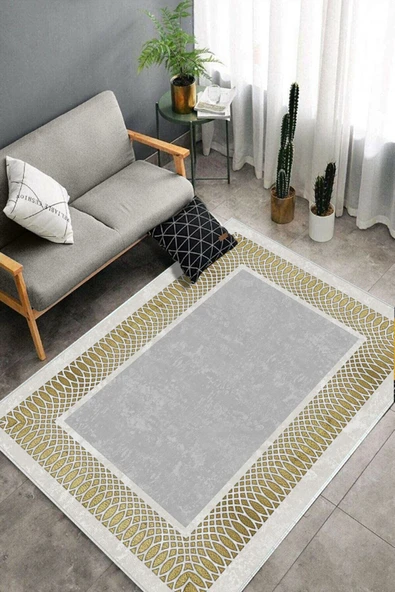 Makinede Yıkanabilir Leke Tutmaz  Gri-Gold Dot Keçe Kaymaz Taban Çerçeve Salon Saçaksız Halı B1225  KREM-BİZON 100 x 200 - 4