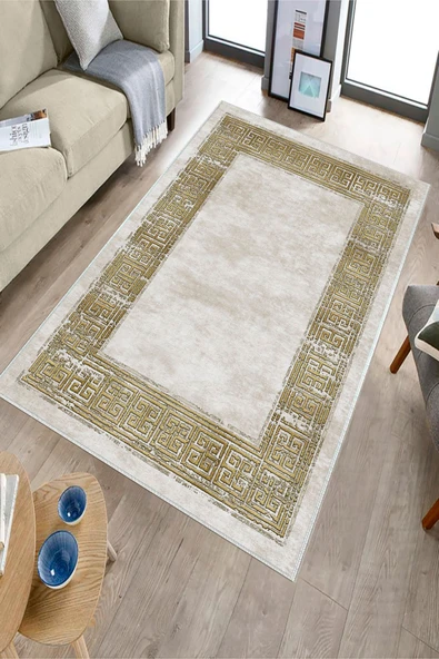 Makinede Yıkanabilir Leke Tutmaz  Bej Dot Keçe Kaymaz Taban Çerçeve Salon Saçaksız Halı B1250  BEJ 160 x 230 - Resim 3