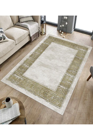 Makinede Yıkanabilir Leke Tutmaz  Bej Dot Keçe Kaymaz Taban Çerçeve Salon Saçaksız Halı B1250  BEJ 160 x 230 - Resim 5