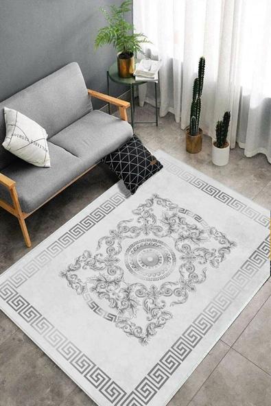 Makinede Yıkanabilir Leke Tutmaz  Gri Dot Keçe Kaymaz Taban Göbekli Salon Saçaksız Halı B1237  KREM-GOLD 200 x 300 - 4