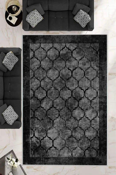 Makinede Yıkanabilir Leke Tutmaz  Siyah Dot Keçe Kaymaz Taban Prizma Salon Saçaksız Halı B1222  LACİVERT 80 x 150