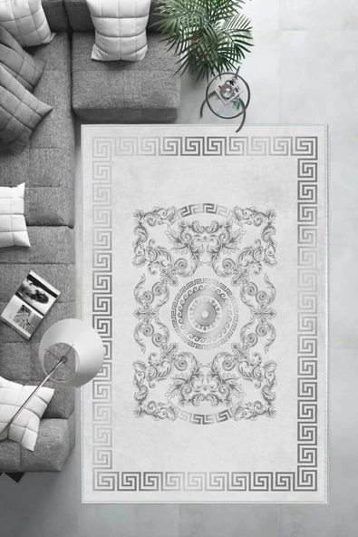 Makinede Yıkanabilir Leke Tutmaz  Gri Dot Keçe Kaymaz Taban Göbekli Salon Saçaksız Halı B1237  KREM-GOLD 200 x 300 - 2