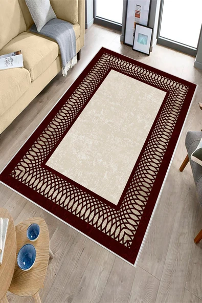 Makinede Yıkanabilir Leke Tutmaz  Bordo-Krem Dot Keçe Kaymaz Taban Çerçeve Salon Saçaksız Halı B1231  SİYAH-GOLD 160 x 230 - 3