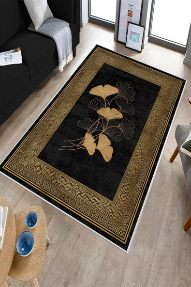 Makinede Yıkanabilir Leke Tutmaz  Siyah-Gold Dot Keçe Kaymaz Taban Modern Salon Saçaksız Halı B1235  LACİVERT-GRİ 180 x 280
