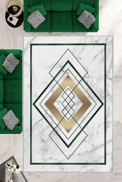 Makinede Yıkanabilir Leke Tutmaz  Yeşil Dot Keçe Kaymaz Taban Modern Salon Saçaksız Halı B1264  YEŞİL 160 x 230