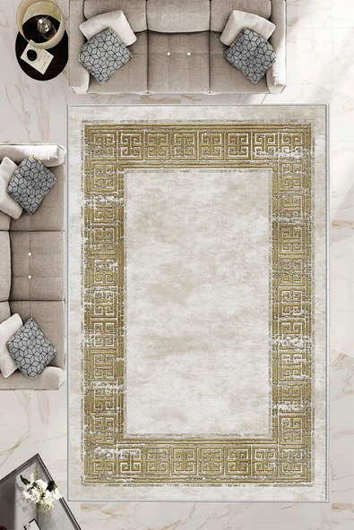 Makinede Yıkanabilir Leke Tutmaz  Bej Dot Keçe Kaymaz Taban Çerçeve Salon Saçaksız Halı B1250  BEJ 180 x 280