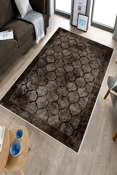 Makinede Yıkanabilir Leke Tutmaz  Kahverengi Dot Keçe Kaymaz Taban Prizma Salon Saçaksız Halı B1220  SİYAH 80 x 200 - Resim 3