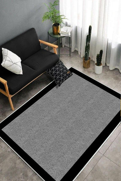 Makinede Yıkanabilir Leke Tutmaz  Siyah Dot Keçe Kaymaz Taban Modern Salon Saçaksız Halı B1255  SİYAH 80 x 200 - Resim 4