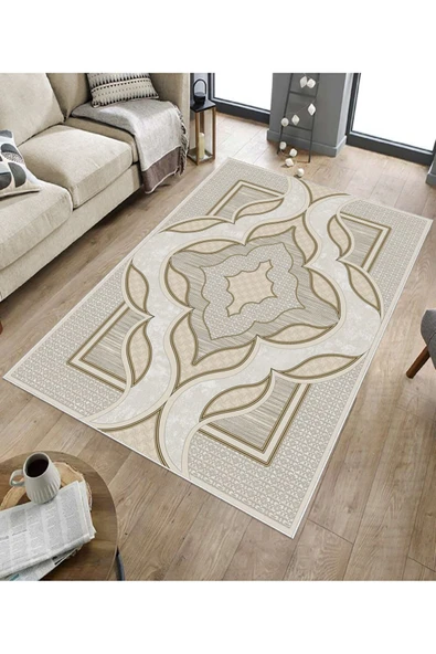 Makinede Yıkanabilir Leke Tutmaz  Bej Dot Keçe Kaymaz Taban Göbekli Salon Saçaksız Halı B1268  BEJ 160 x 230 - Resim 5