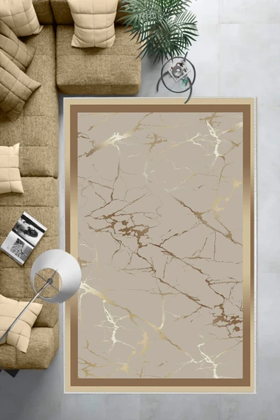 Makinede Yıkanabilir Leke Tutmaz  Gold-Vizon Dot Keçe Kaymaz Taban Çerçeve Salon Saçaksız Halı B1286  GOLD-VİZON 200 x 300 - Resim 6