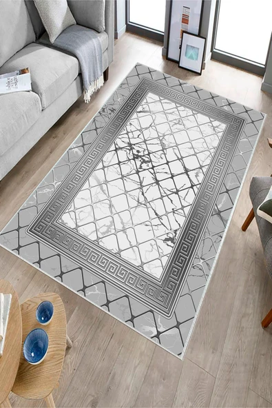 Makinede Yıkanabilir Leke Tutmaz  Gri-Beyaz Dot Keçe Kaymaz Taban Versace Salon Saçaksız Halı B1292  GRİ-BEYAZ 100 x 200 - Resim 3