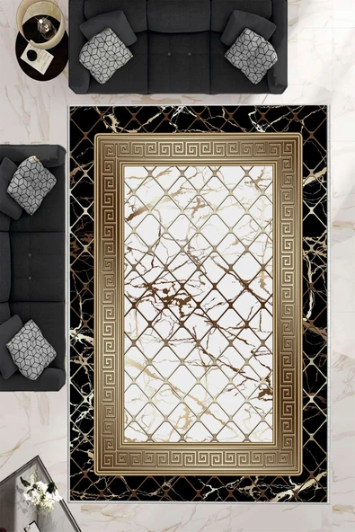 Makinede Yıkanabilir Leke Tutmaz  Siyah-Beyaz Dot Keçe Kaymaz Taban Versace Salon Saçaksız Halı B1279  SİYAH-BEYAZ 100 x 200
