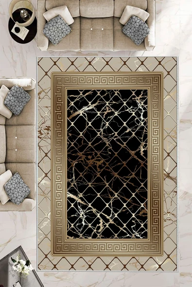 Makinede Yıkanabilir Leke Tutmaz  Vizon-Siyah Dot Keçe Kaymaz Taban Versace Salon Saçaksız Halı B1277  VİZON-SİYAH 80 x 200