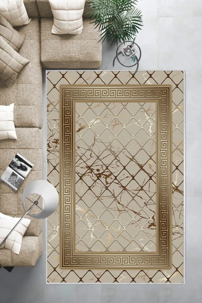 Makinede Yıkanabilir Leke Tutmaz  Vizon-Gold Dot Keçe Kaymaz Taban Versace Salon Saçaksız Halı B1280  VİZON-GOLD 80 x 200 - 6